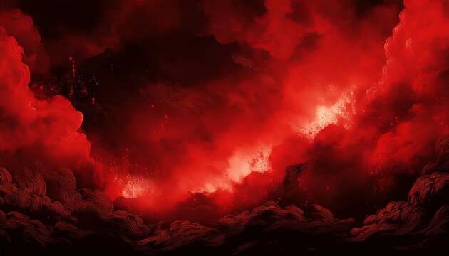 black fiery red dramatic sky with clouds fire war explosion catastrophe flame horror concept web banner wide bloody red background with space for design panoramic made with generative ai
