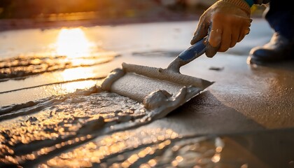 close up detailed shot of wet concrete being smoothed by a trowel the texture of the concrete is the main focus with warm light catching the surface material science process precision conveying