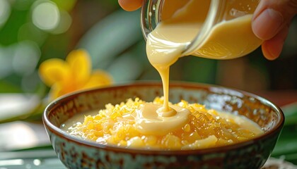 A Hand Pours Sweet Condensed Milk Over A Vibrant Yellow Dessert Topped With Grains In A Rustic Bowl With A Soft Focus Tropical Greenery Background