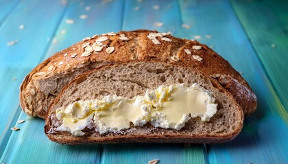 freshly baked artisan bread with creamy butter and wholesome oats ready for a delicious breakfast or meal preparation