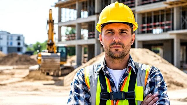 Construction Professional at Work: A construction worker stands confidently at the construction site. A symbol of labor and progress, framed by unfinished buildings and machinery