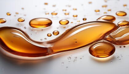viscous amber liquid droplets with air bubbles sparkle on clean white surface suggesting health wellness and natural ingredients