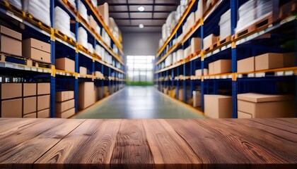 empty wooden table on defocused blurred shelves in warehouse background