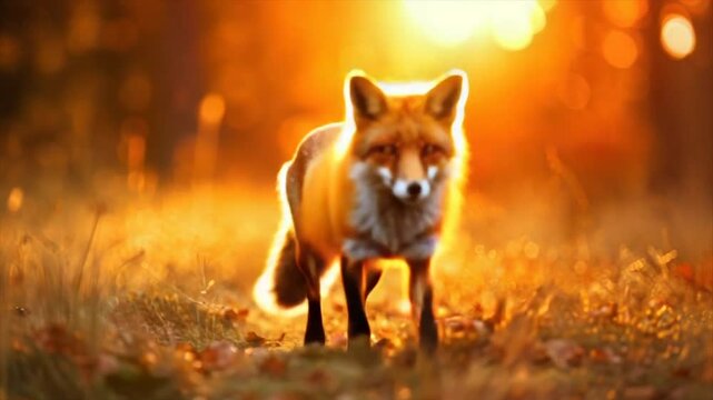A fox strides towards the viewer, illuminated by a warm, golden sunset filtering through trees