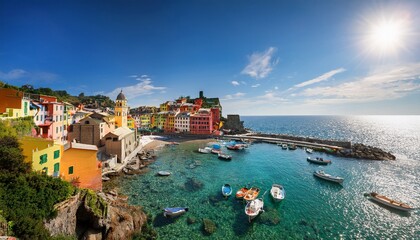 colorful seaside village with boats and sunny sky
