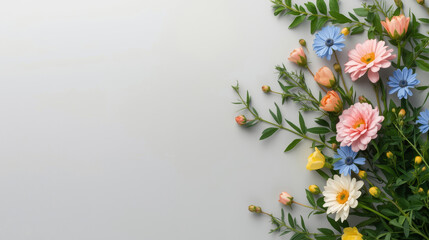 Obraz premium Composizione floreale con margherite rosa e blu su sfondo grigio chiaro. Generative AI