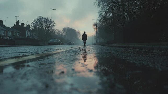 Person walking alone on wet suburban road at dusk with reflections on rain soaked pavement and moody cloudy sky.