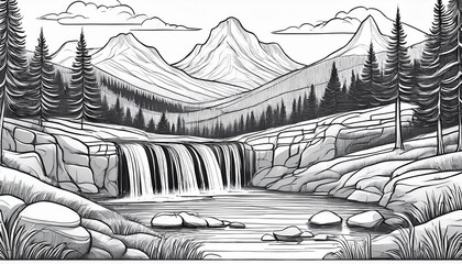 a serene landscape featuring a mountain waterfall is depicted in a pen sketch also suitable as a nature scene coloring page