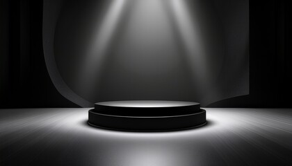 abstract black stage with one round podium in light beam with light spot mockup for presentation cosmetic products goods advertising design in soft gradient made with generative ai