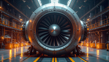 Massive jet engine turbine with spinning blades inside a dimly lit industrial hangar with yellow safety lines
