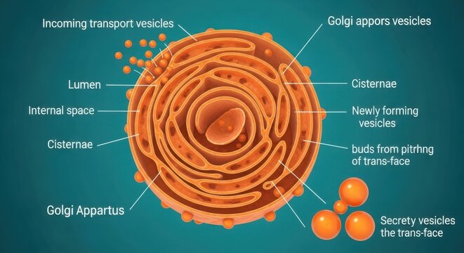 Detailed cross-section of a golgi apparatus highlighting its structural components
