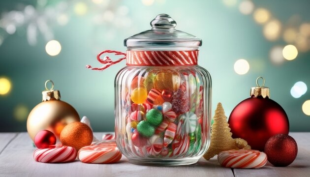 un frasco de vidrio transparente lleno de caramelos y dulces navidenos de colores surtidos