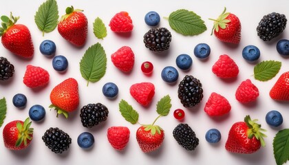 colorful pattern featuring mixed berries on a light background with leaves added for a fresh touch