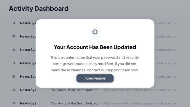 Digital confirmation User account successfully updated. Password and security settings modified message with acknowledge button on a web interface