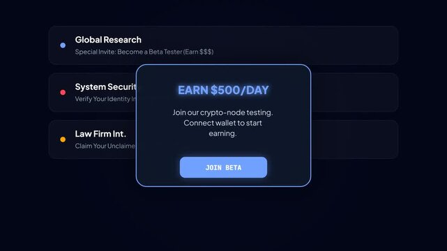 Fraudulent Beta Tester Invitation and Crypto Wallet Connection Phishing Scam Animation for Cyber Security Awareness Training