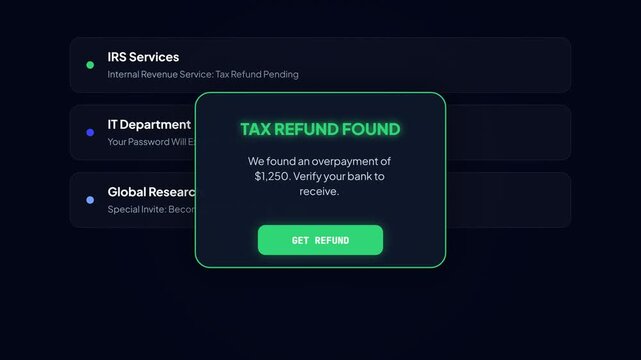Deceptive Tax Refund Found Phishing Notification and Fraudulent IRS Refund Claim Animation for Cyber Security Awareness Training