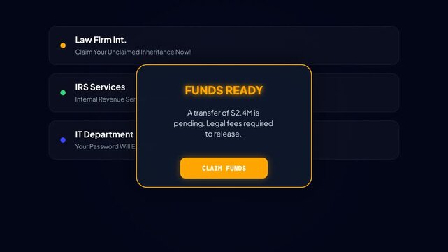 Fraudulent Inheritance Claim and Funds Ready Phishing Scam Notification Animation for Cyber Security Awareness and Education