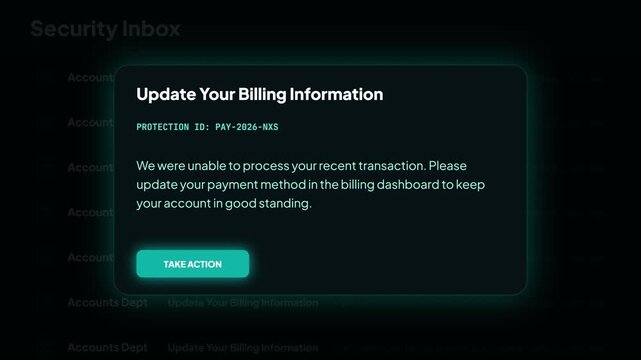 Dark Mode Billing Update Alert Animation with Action Button for Security Settings and Payment Information Management UI Design