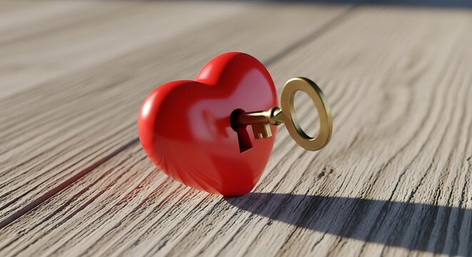 Red Heart Model with a Gold Key in a Keyhole on a Wooden Table for Love Romance and Security Concepts heart love romance security key