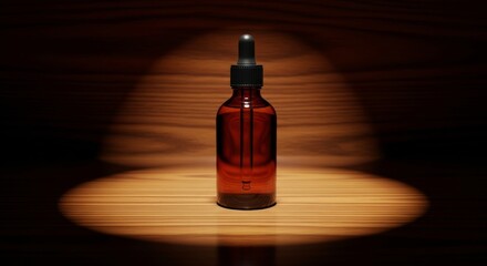 Naklejka premium Amber bottle with dropper on wooden table lit by spotlight