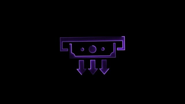 Purple neon data transfer symbol with arrows on black background neon purple download