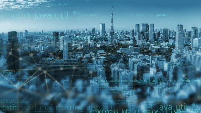 A stunning urban skyline featuring futuristic elements, overlaying binary code and programming syntax, showcasing the intersection of technology and modern city life. Xenic