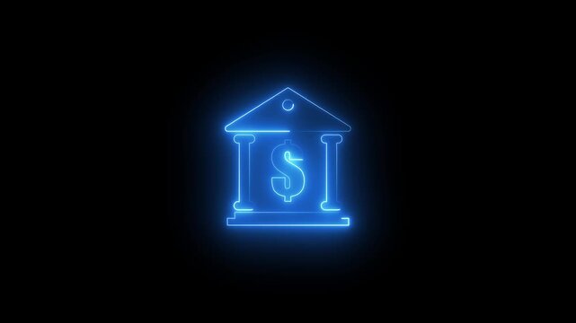 Neon bank building with dollar sign glowing blue on black background finance symbol