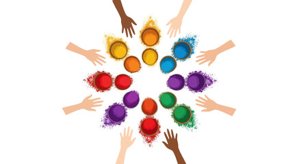 Illustration of diverse people celebrating Holi with eco-friendly organic color powder in a vibrant and joyful festival atmosphere. © Ganbate