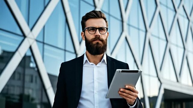 Focused Professional: A sharply dressed man with a thick beard and glasses, holding a tablet, poses confidently against a modern building's facade, conveying a sense of focus, professionalism.