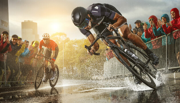 Kolarz na trasie, pokonujący dystans na rowerze w bardzo szybkim tempie