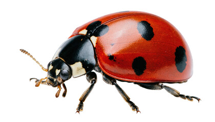 Red ladybug with black spots isolated PNG, close-up of a seven-spot ladybug on transparent background, beneficial insect for garden © Andrei