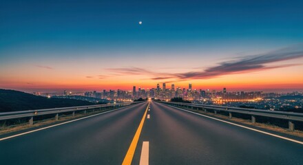 Fototapeta premium Vibrant cityscape at sunset with empty highway leading to urban skyline