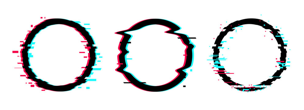 Glitch effect circle frame background. Neon glitch light digital design vector frame cyberpunk icon set.