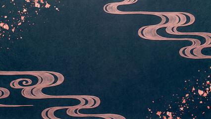 Fototapeta premium 深い紺色の背景に、金色の雲や波の文様がきらきらと輝く和風のグラフィックです。散りばめられた金箔がなめらかで上品な質感を演出しています。お祝い事などのシーンで、未来への繁栄や希望、調和のメッセージを伝える素材としてご活用いただけます。