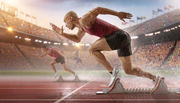 Bieg na czas na bieżni. Rywalizacja podczas zawod&oacute;w na dystansie w biegach.