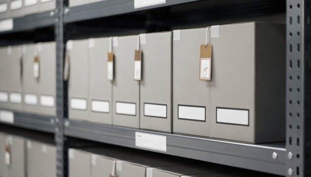 Closeup medium shot of labeled storage boxes stacked on shelves with focused archive tags highlighting secure data archiving protocols.