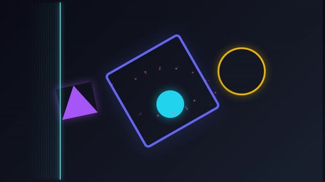 A minimalistic design featuring colorful geometric shapes including a triangle, square, and circle