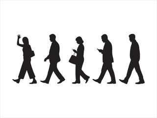 Black silhouette business people walking set men and women vector, Business people walking with briefcase flat silhouette
