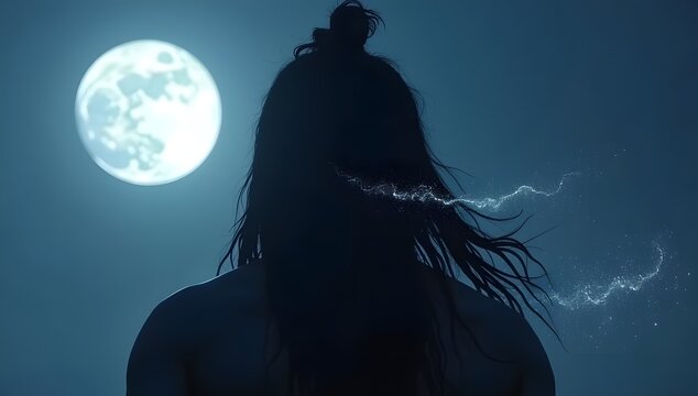 Silhouette of Lord Shiva jata hair with moon and Ganga river stream.