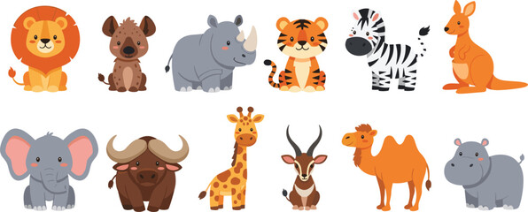 Cute African Safari Animals Cartoon Set with Lion Elephant Giraffe Zebra Rhino Buffalo and Camel © Md
