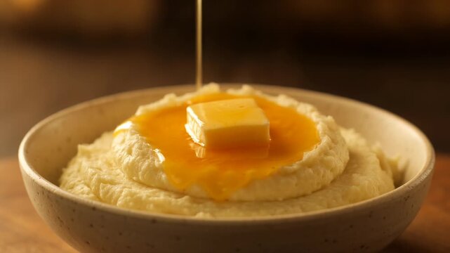 Close-up of creamy mashed potatoes being garnished with melted butter and chives
