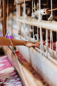 Hand Weaving Colorful Textile on Loom