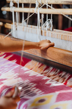 Hand Weaving Colorful Textile on Loom