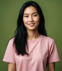 Fototapeta premium Smiling Asian Woman in Pink T-Shirt Against Green Background