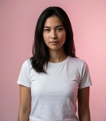 Obraz premium Young Woman in White T-Shirt Against Pink Background