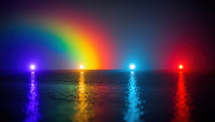Naklejka premium Rainbow and Light Reflection: A vibrant display of a rainbow arching across the sky, with colorful light pillars casting reflections on the water, creating a mesmerizing spectacle of color and light.