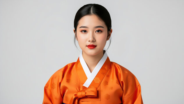 Harmony in Korean Tradition: A young woman, adorned in the vibrant hues of a traditional Korean hanbok, exudes poise and grace against a minimalist backdrop.