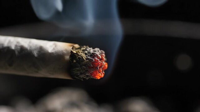 Close-up of a lit marijuana joint burning with glowing embers and smoke rising