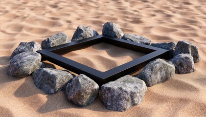 Frame within Stones on Sand: A modern square frame artfully arranged amidst a circle of rough stones, set against the backdrop of soft, textured sand.