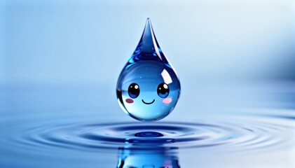 Fototapeta premium Water Drop's Playful Journey: A cheerful water drop with a cute smiling face ripples gently, symbolizing freshness and purity, set against a calming blue backdrop.